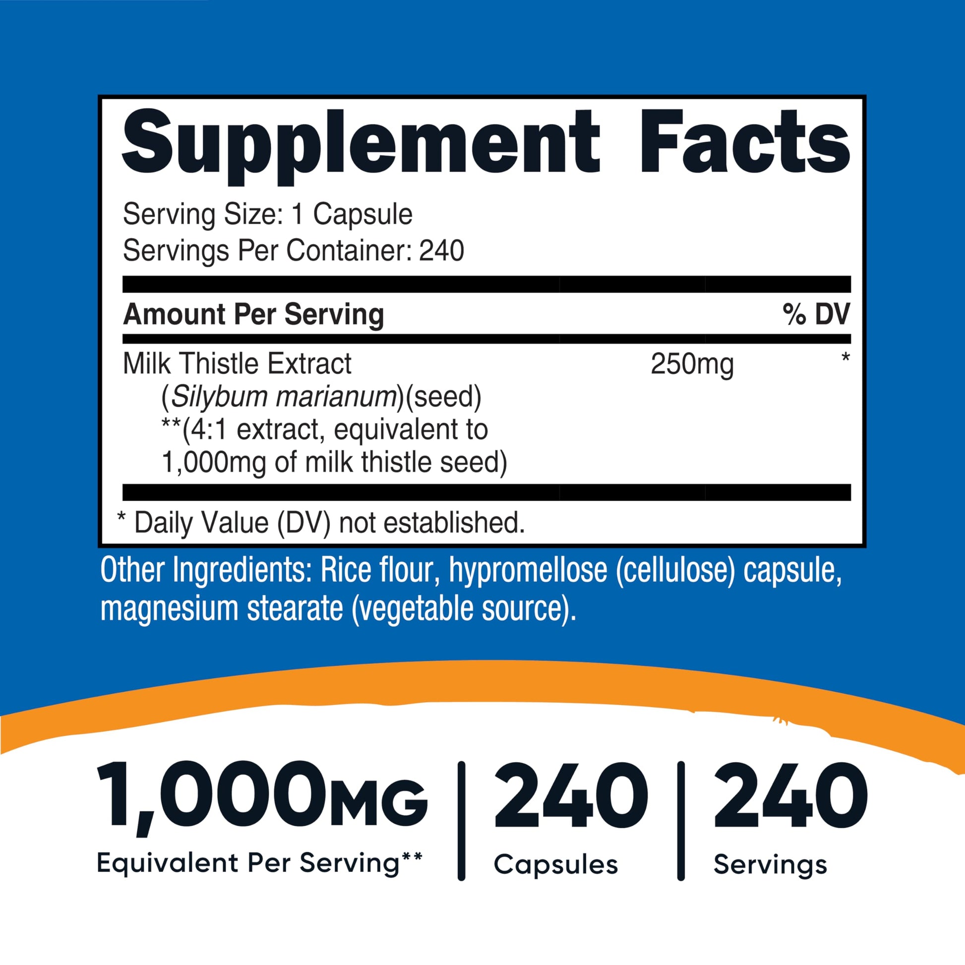 Nutricost Milk Thistle supplement facts label showing 1000 milligrams equivalent dosage details