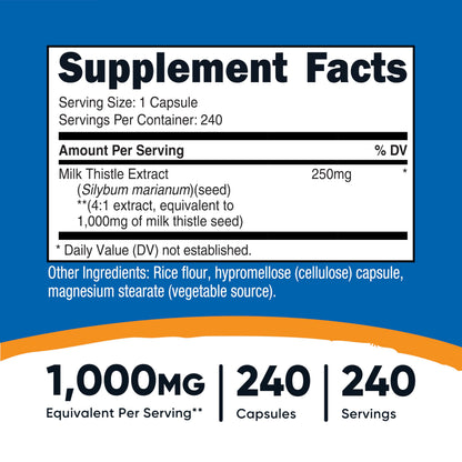 Nutricost Milk Thistle supplement facts label showing 1000 milligrams equivalent dosage details