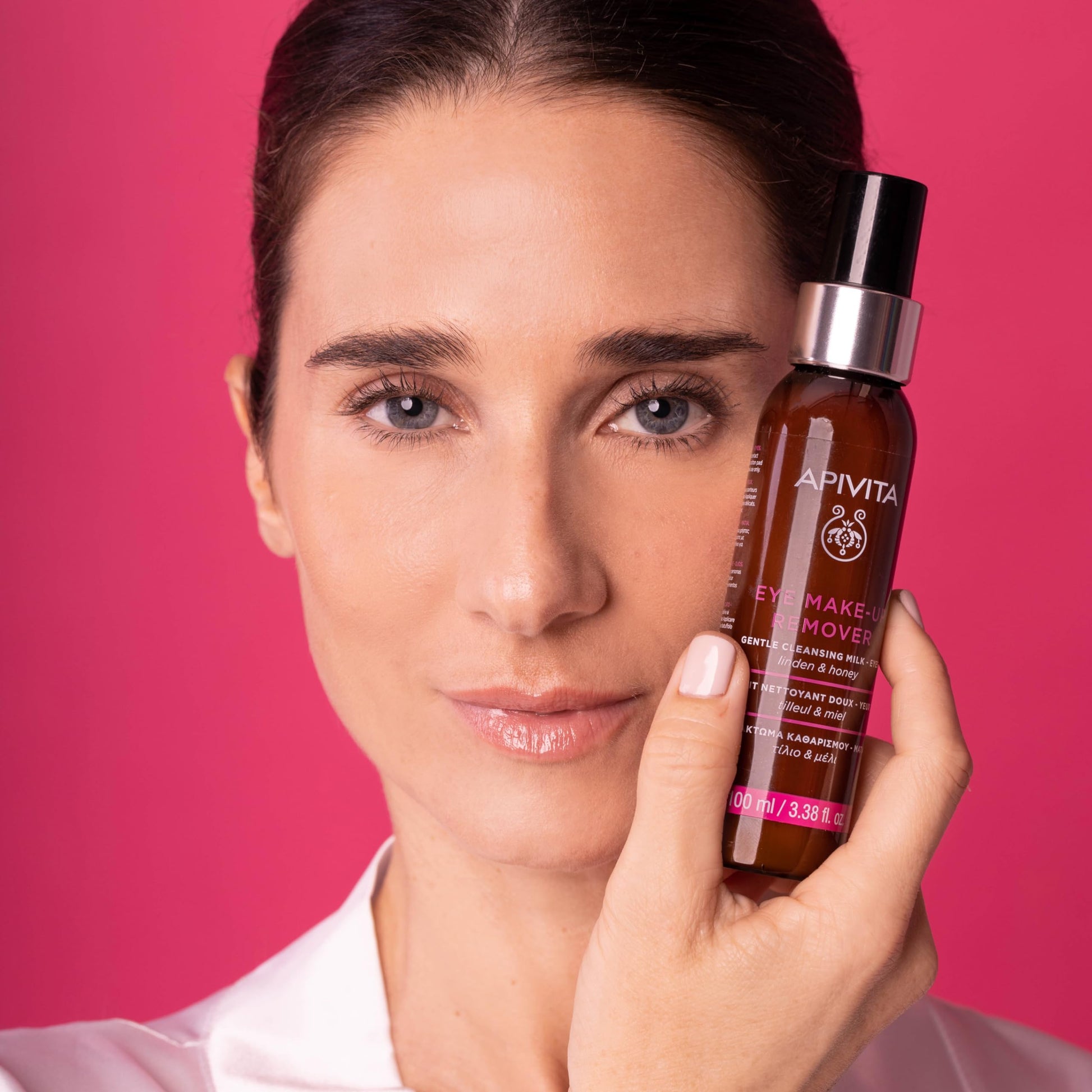 Close up of Apivita hydrating eye makeup remover milk