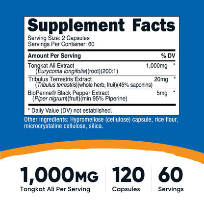 Nutricost Tongkat Ali with Tribulus and BioPerine supplement facts