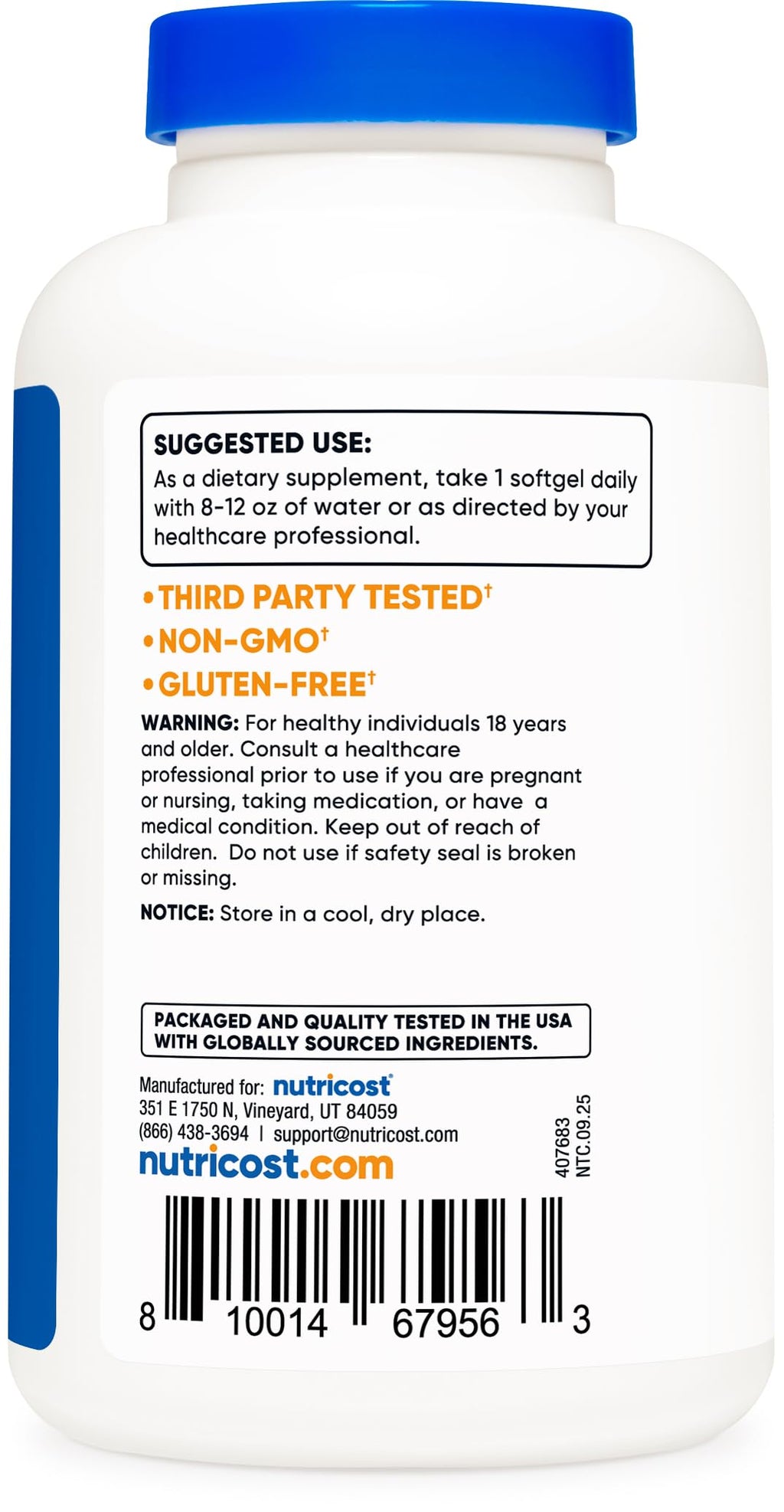 Nutricost Vitamin E high potency antioxidant bottle side angle