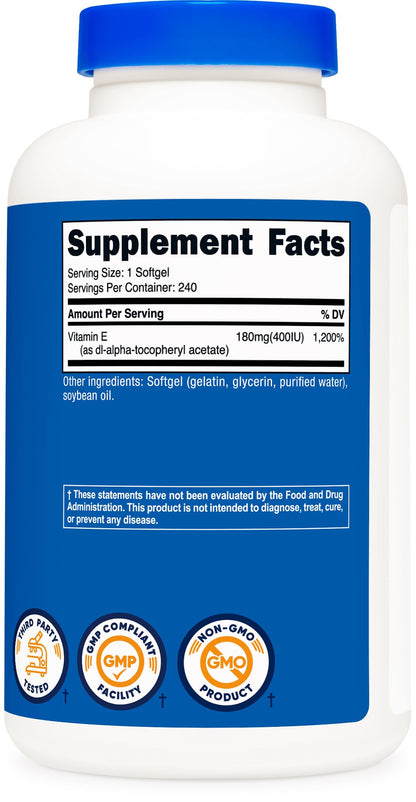 Nutricost Vitamin E two hundred forty count bottle with certified seal details