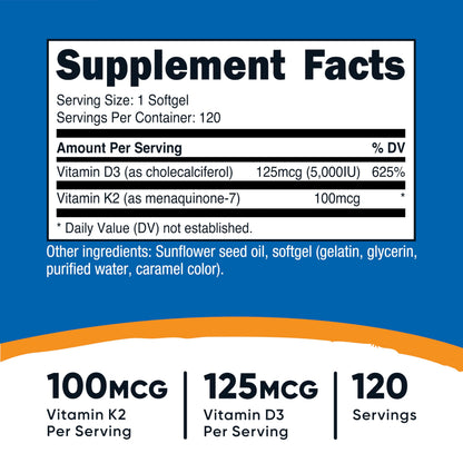 Nutricost Vitamin K2 and D3 dietary supplement packaging showing supplement facts
