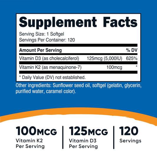 Nutricost Vitamin K2 and D3 dietary supplement packaging showing supplement facts