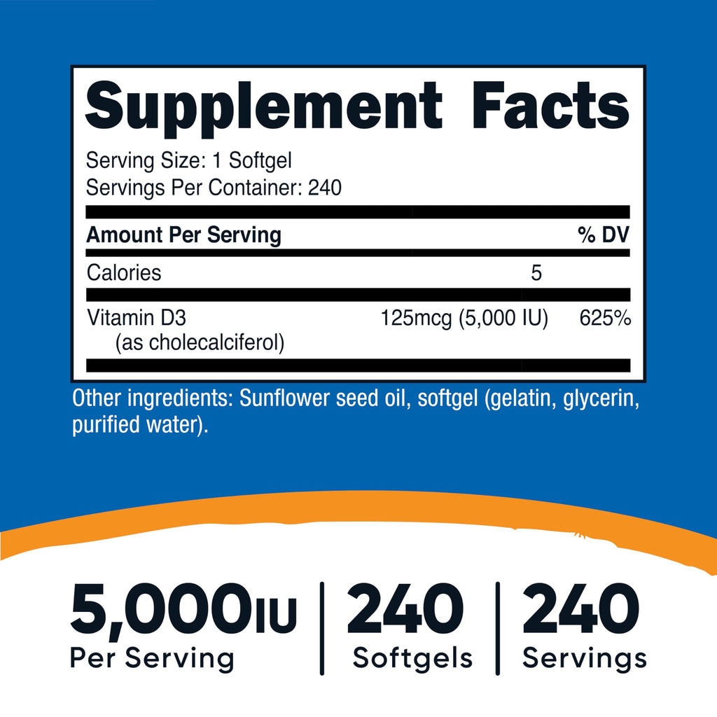 Nutricost Vitamin D3 5000 IU supplement bottle back nutritional facts panel