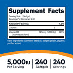 Nutricost Vitamin D3 5000 IU supplement bottle back nutritional facts panel