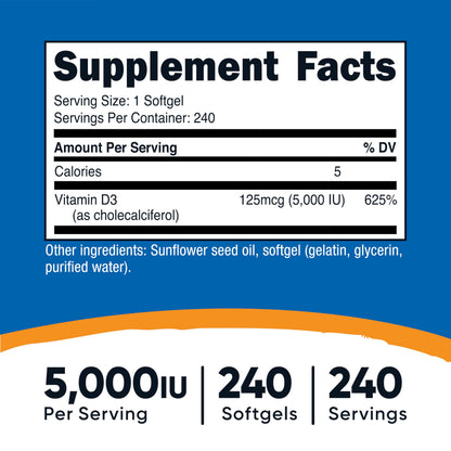 Nutricost Vitamin D3 dietary supplement packaging displaying non-GMO and gluten-free product features