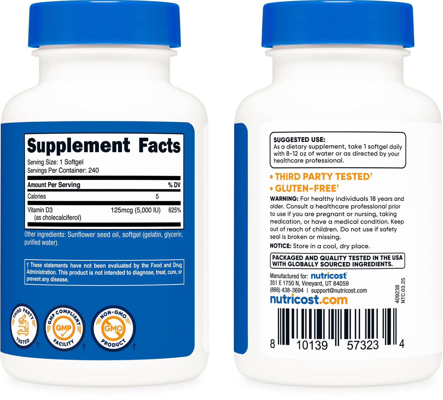 Close up of Nutricost Vitamin D3 cholecalciferol softgels showcasing the clean formula with sunflower seed oil base