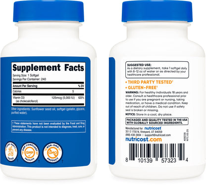 Close up of Nutricost Vitamin D3 cholecalciferol softgels showcasing the clean formula with sunflower seed oil base