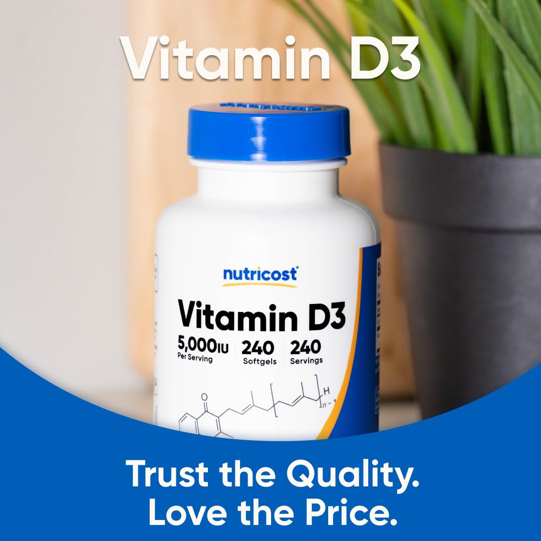 Nutricost 5000 IU vitamin D bottle side profile showing serving size