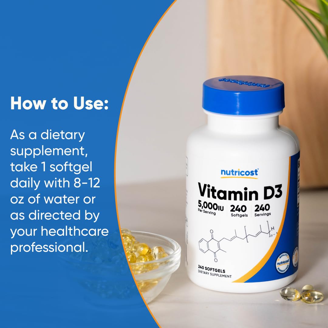 Nutricost Vitamin D3 cholecalciferol bone health and immune protection supplement bottle on a clean background