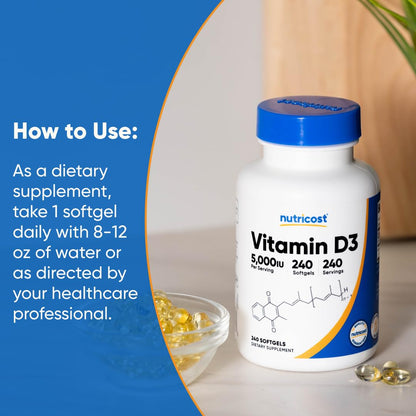 Nutricost Vitamin D3 cholecalciferol bone health and immune protection supplement bottle on a clean background