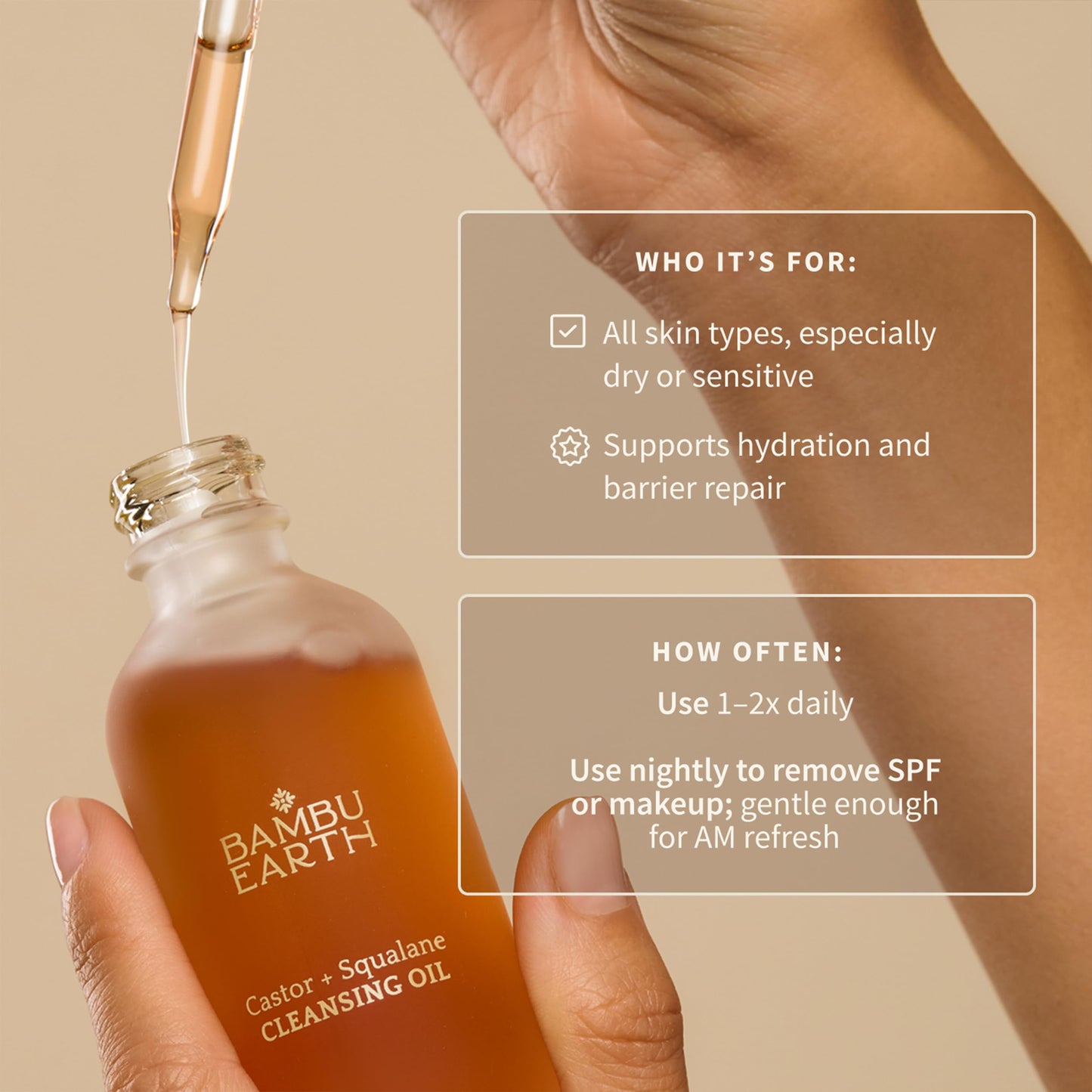 Woman using Bambu Earth oil cleanser for gentle makeup removal
