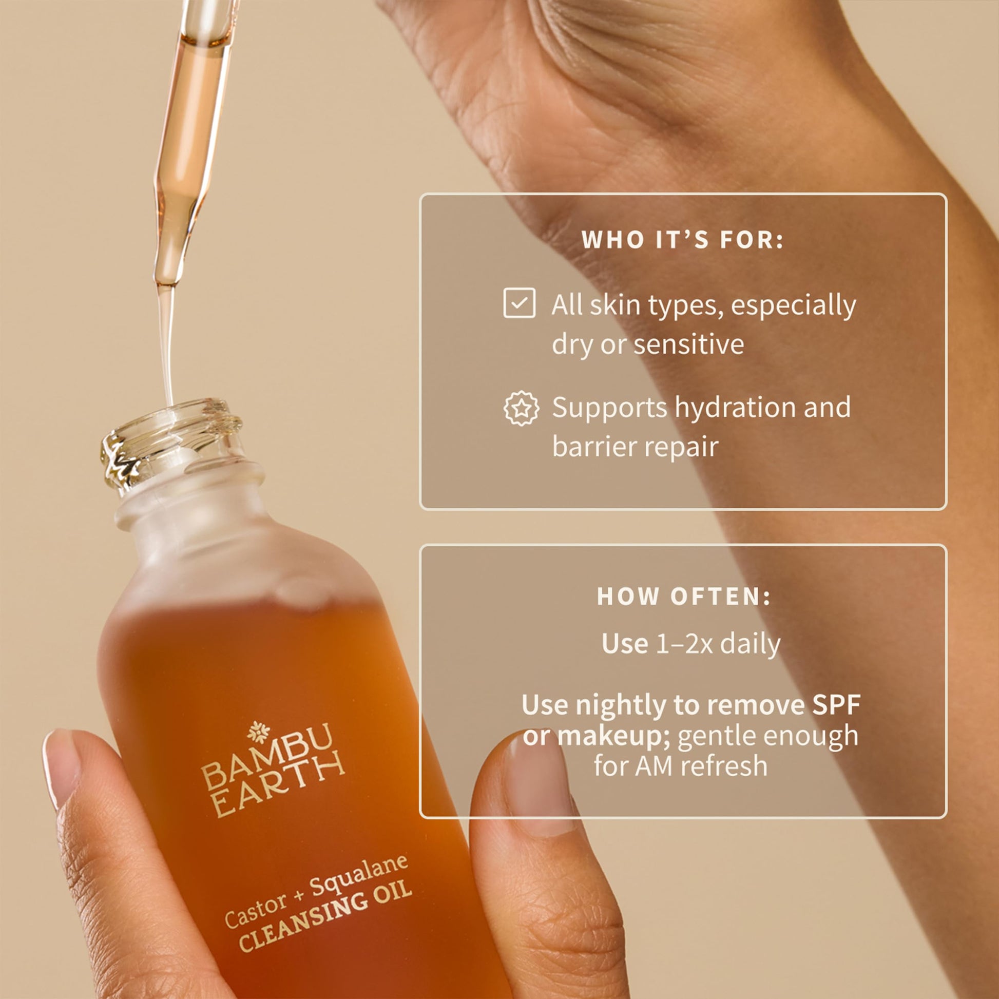 Woman using Bambu Earth oil cleanser for gentle makeup removal