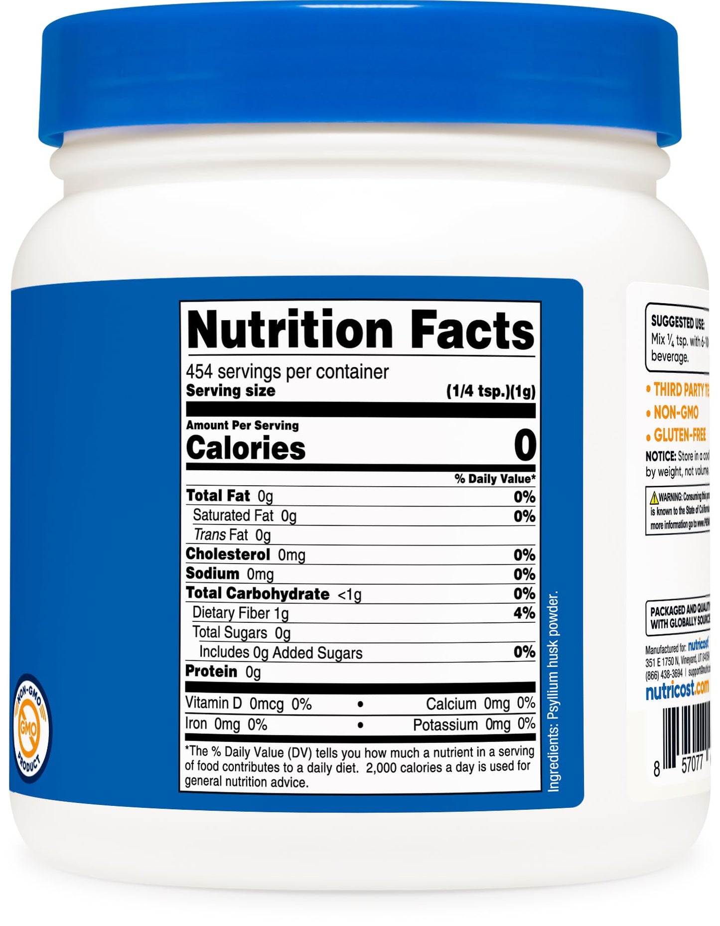Nutricost Psyllium Husk 1 pound container side view
