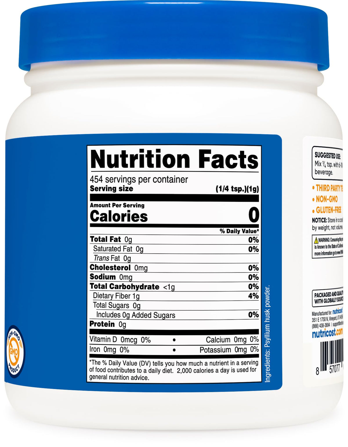 Nutricost Psyllium Husk 1 pound container side view
