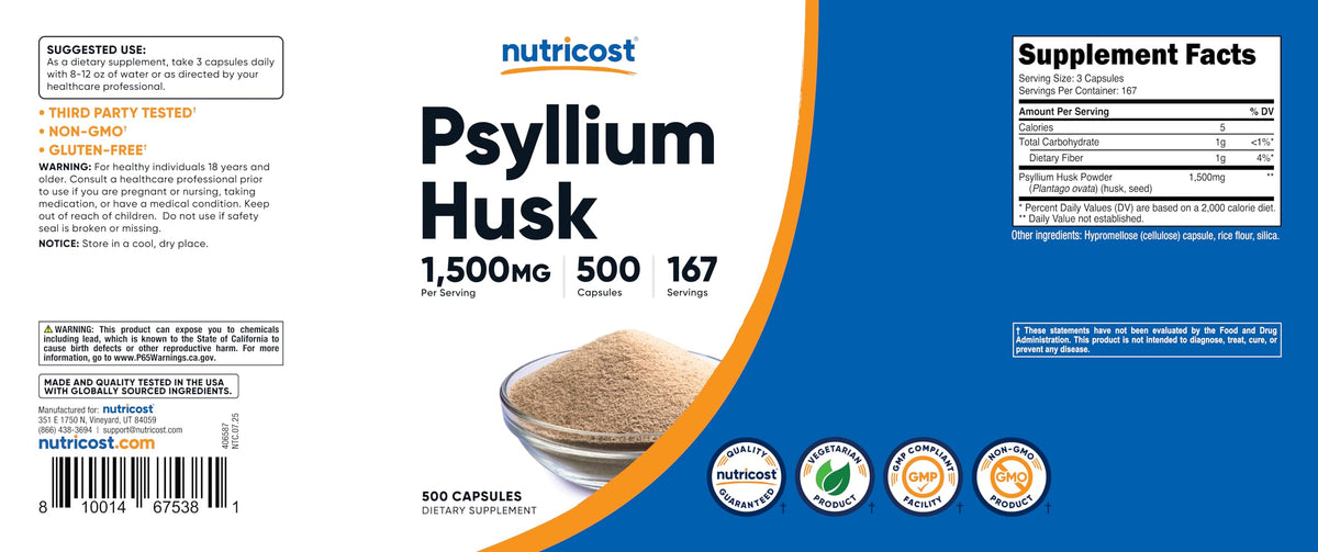 Nutricost Psyllium Husk capsules dietary supplement bottle