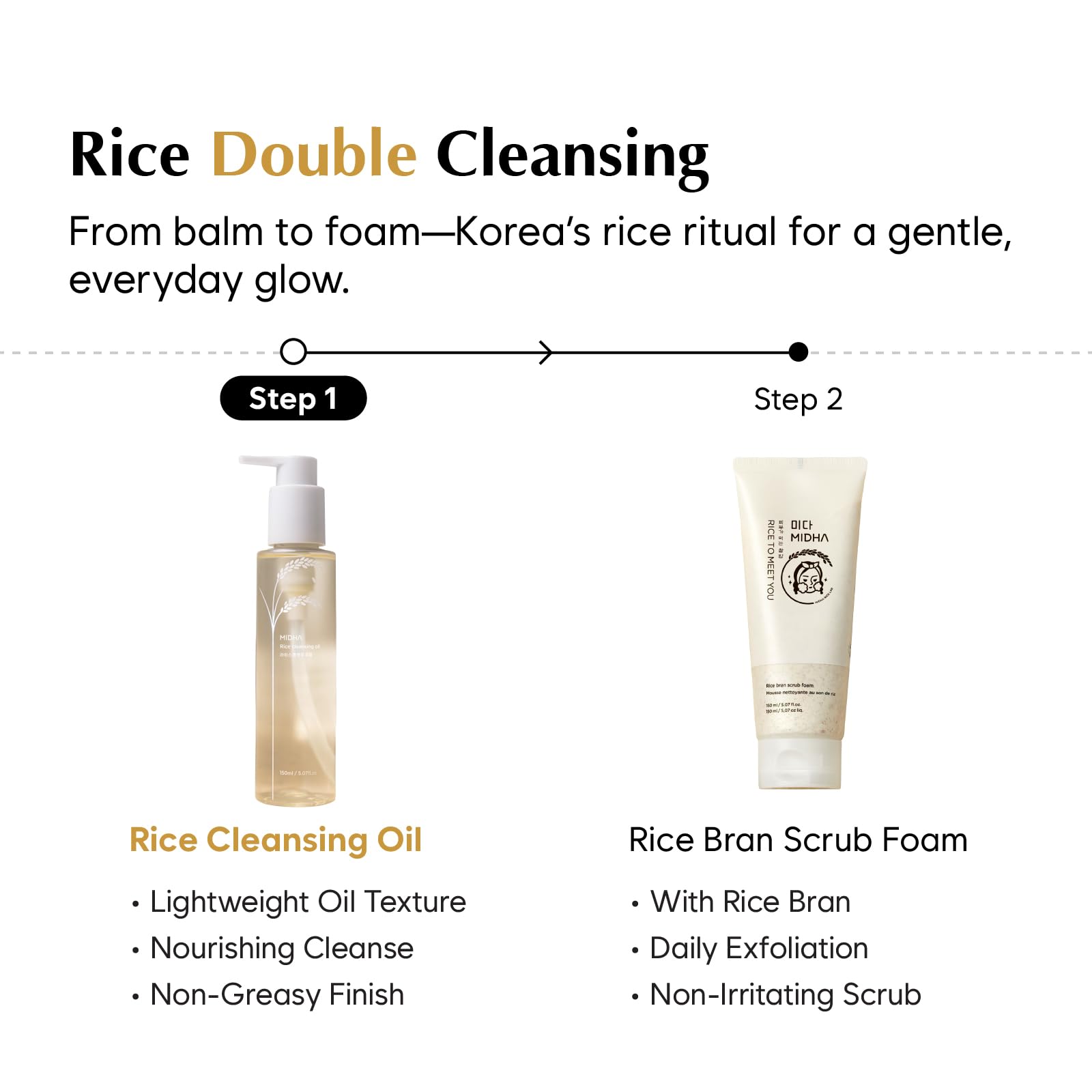 Premium Korean skincare Midha Rice Cleansing Oil bottle display