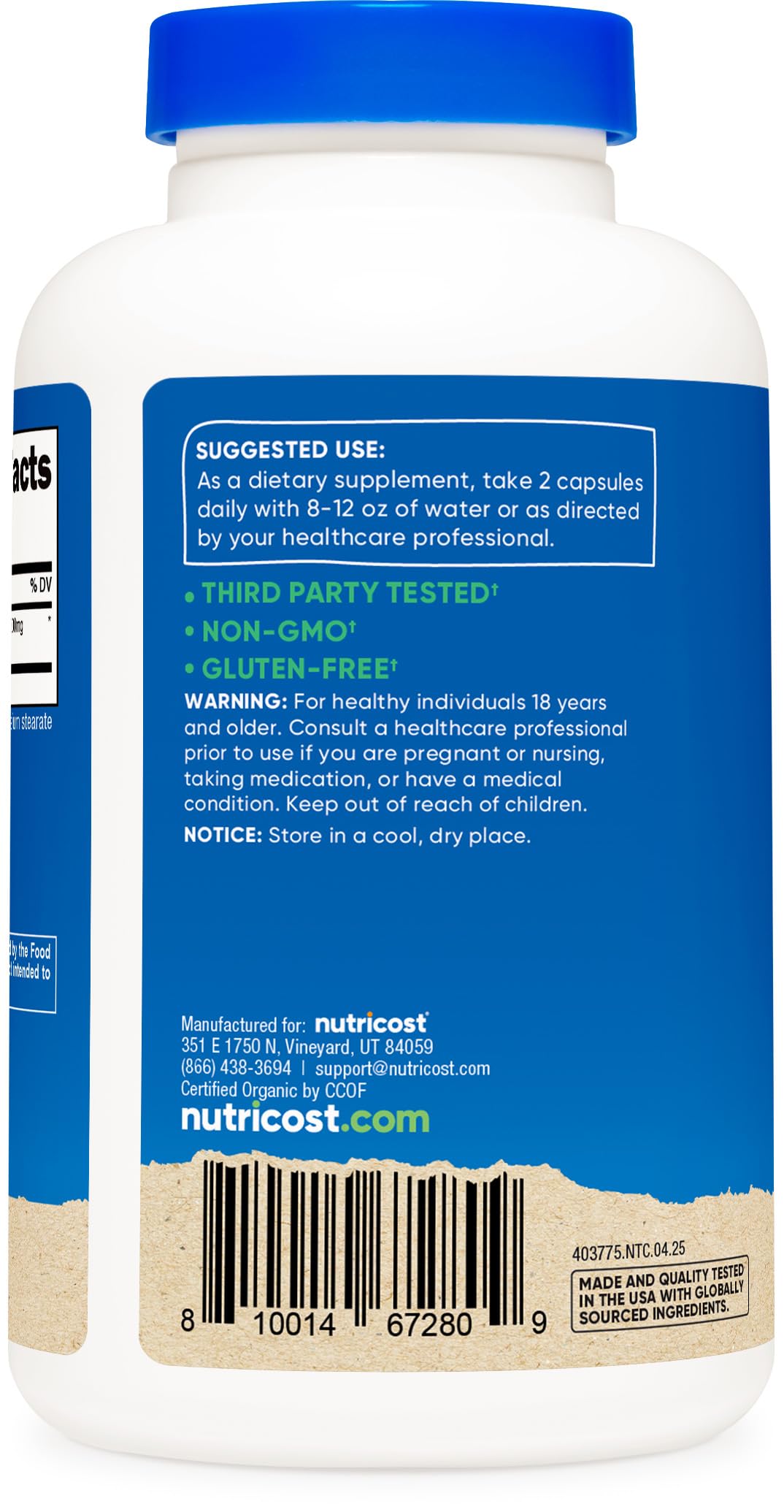 Side view of Nutricost imported noni capsules bottle illustrating 1000mg serving size details