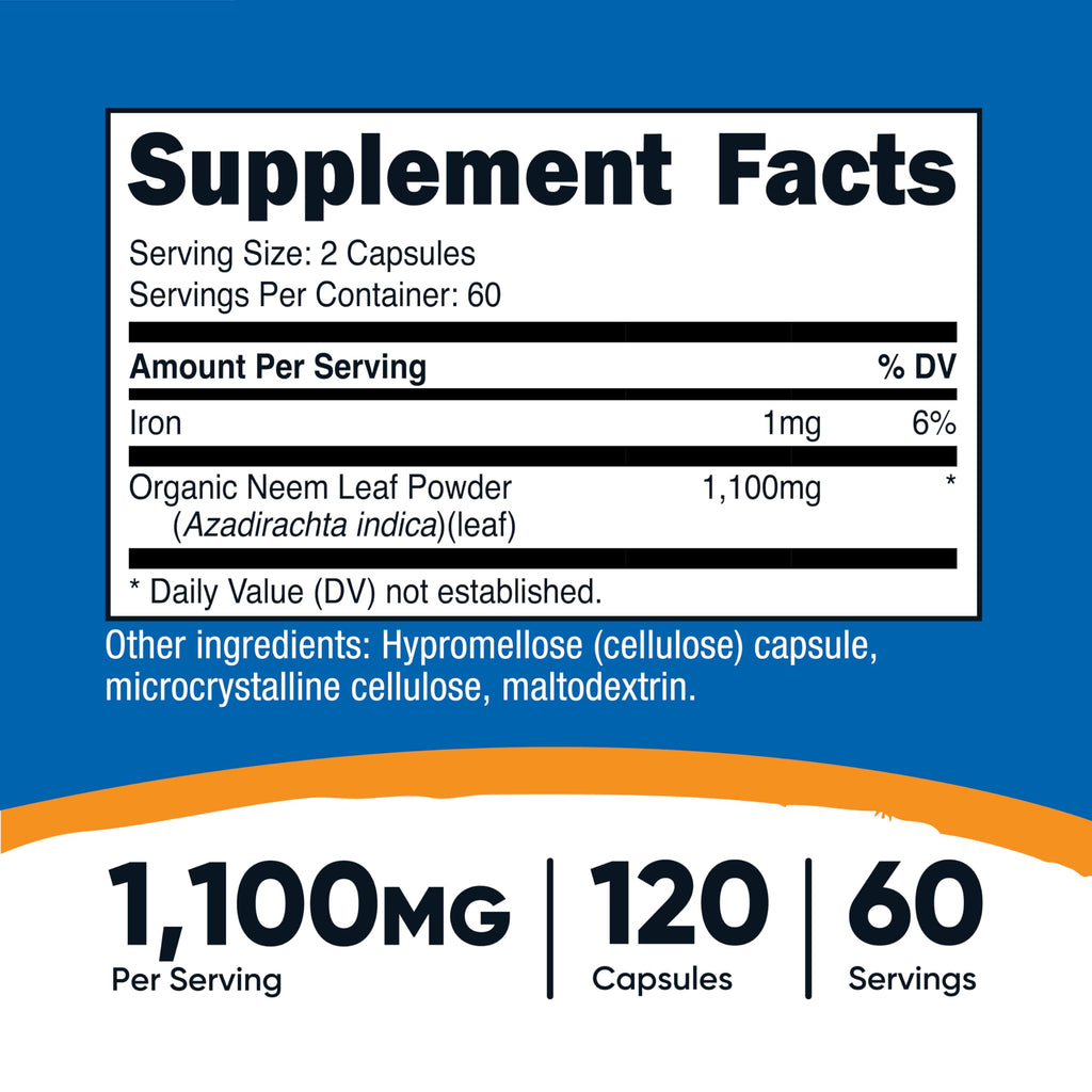 Nutricost Neem Leaf Dietary Supplement Bottle Label Details