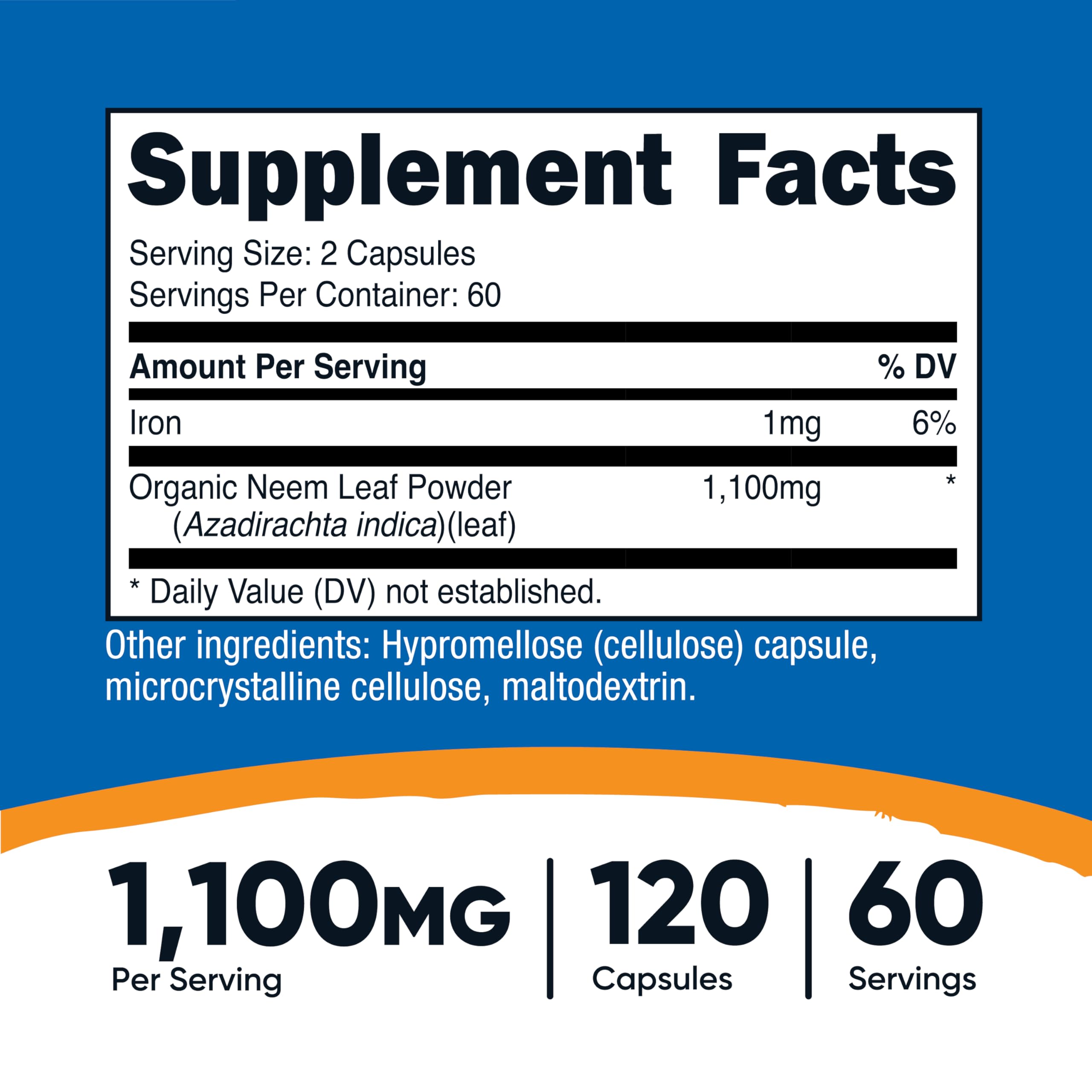 Nutricost Neem Leaf Dietary Supplement Bottle Label Details