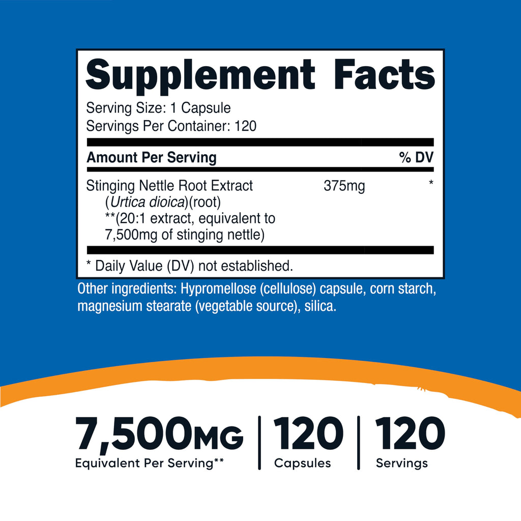 Nutricost Stinging Nettle Root supplement facts panel showing ingredient list and serving size