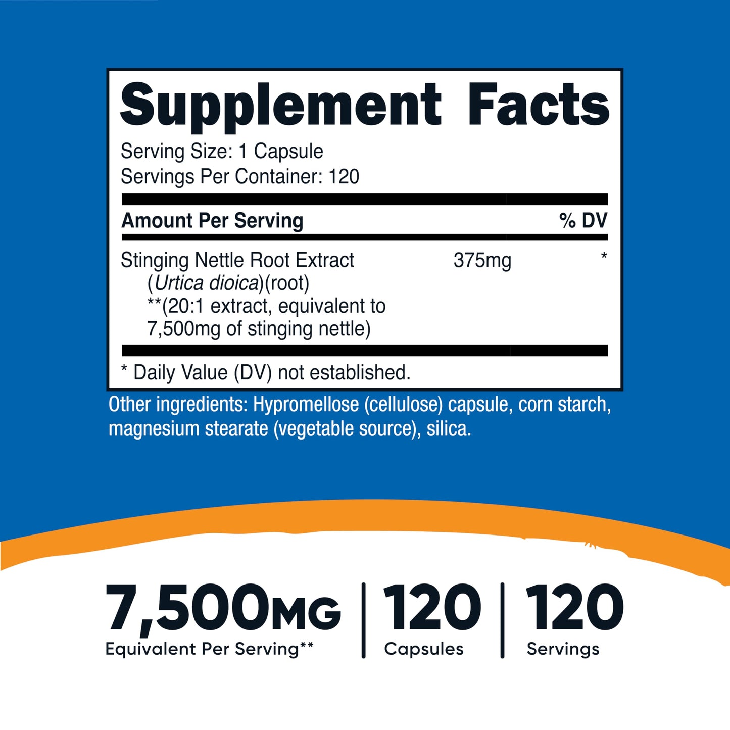 Nutricost Stinging Nettle Root supplement facts panel showing ingredient list and serving size