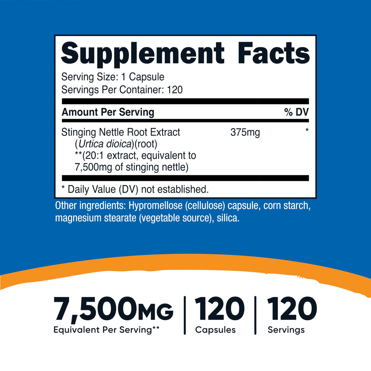 Nutricost Stinging Nettle Root supplement facts panel showing ingredient list and serving size