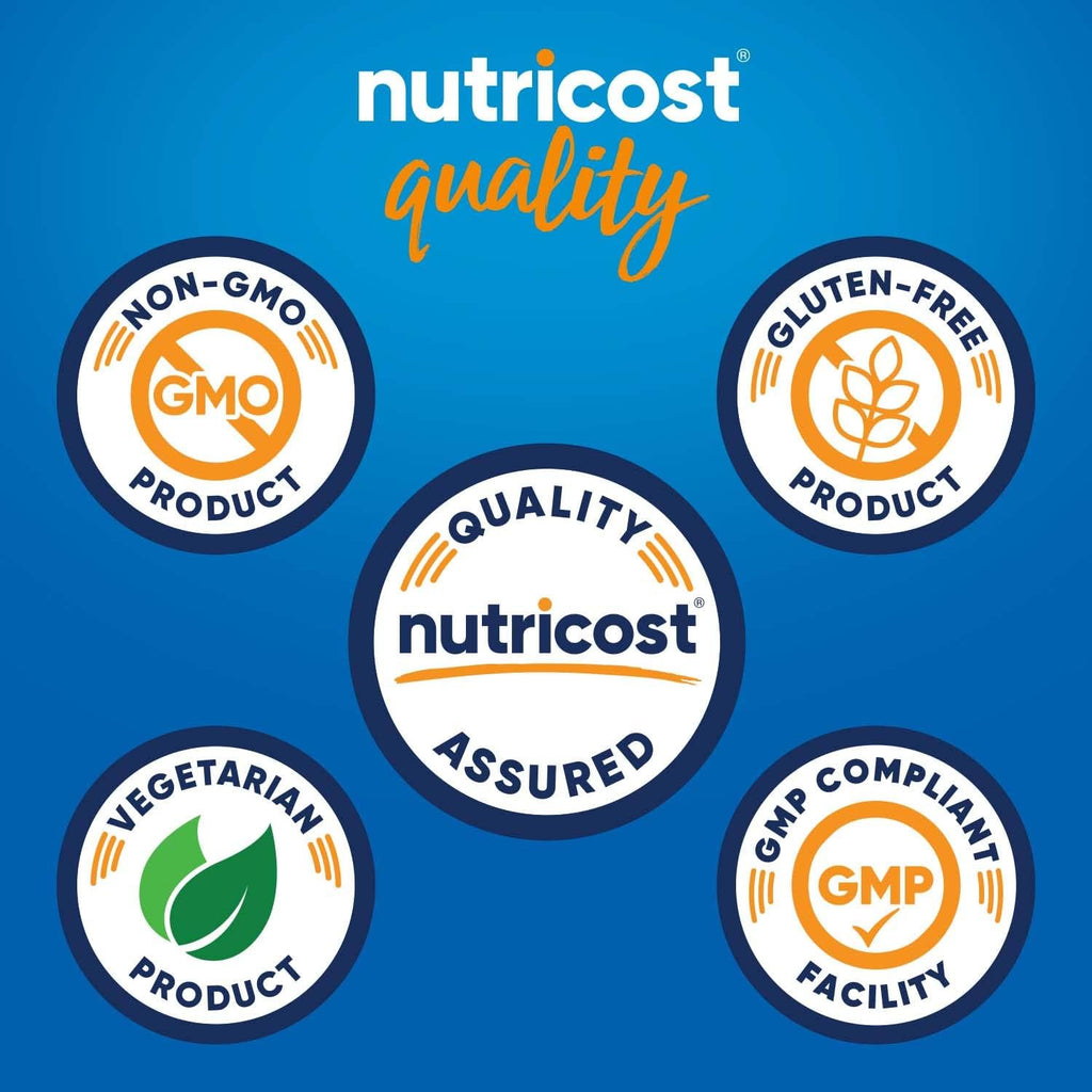 Side view of Nutricost herbal supplement bottle detailing vegetarian and non-GMO certifications