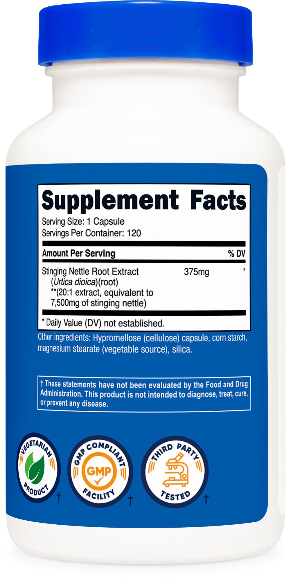 Full packaging view of authentic imported Nutricost stinging nettle root extract 120 capsules