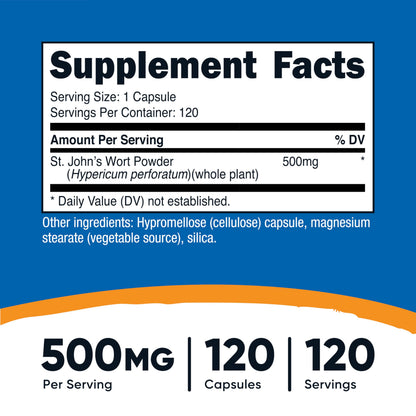 Nutricost St Johns Wort supplement bottle side view highlighting the non-GMO and gluten-free badges