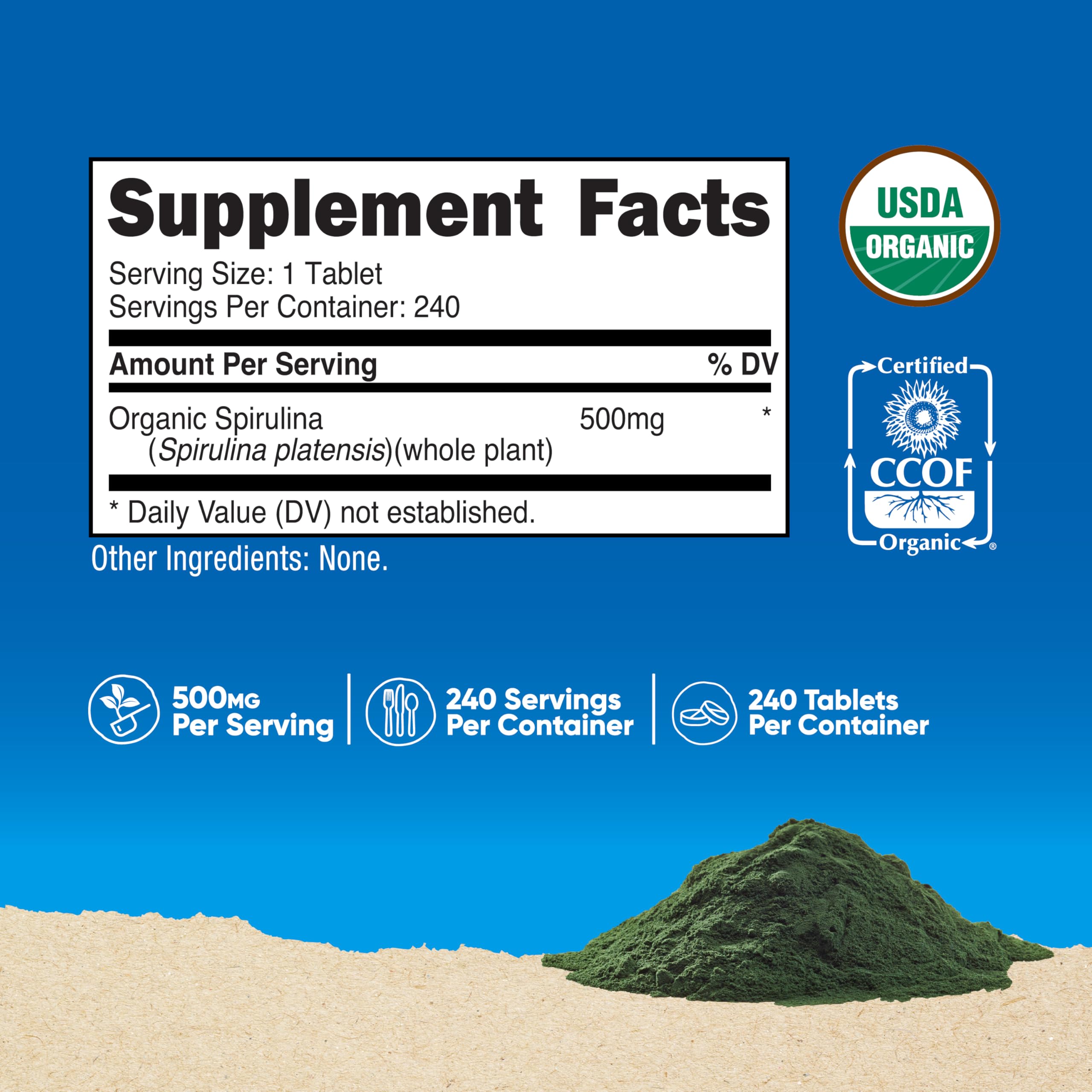 Nutricost Organic Spirulina supplement showing USDA Organic and CCOF certified labels