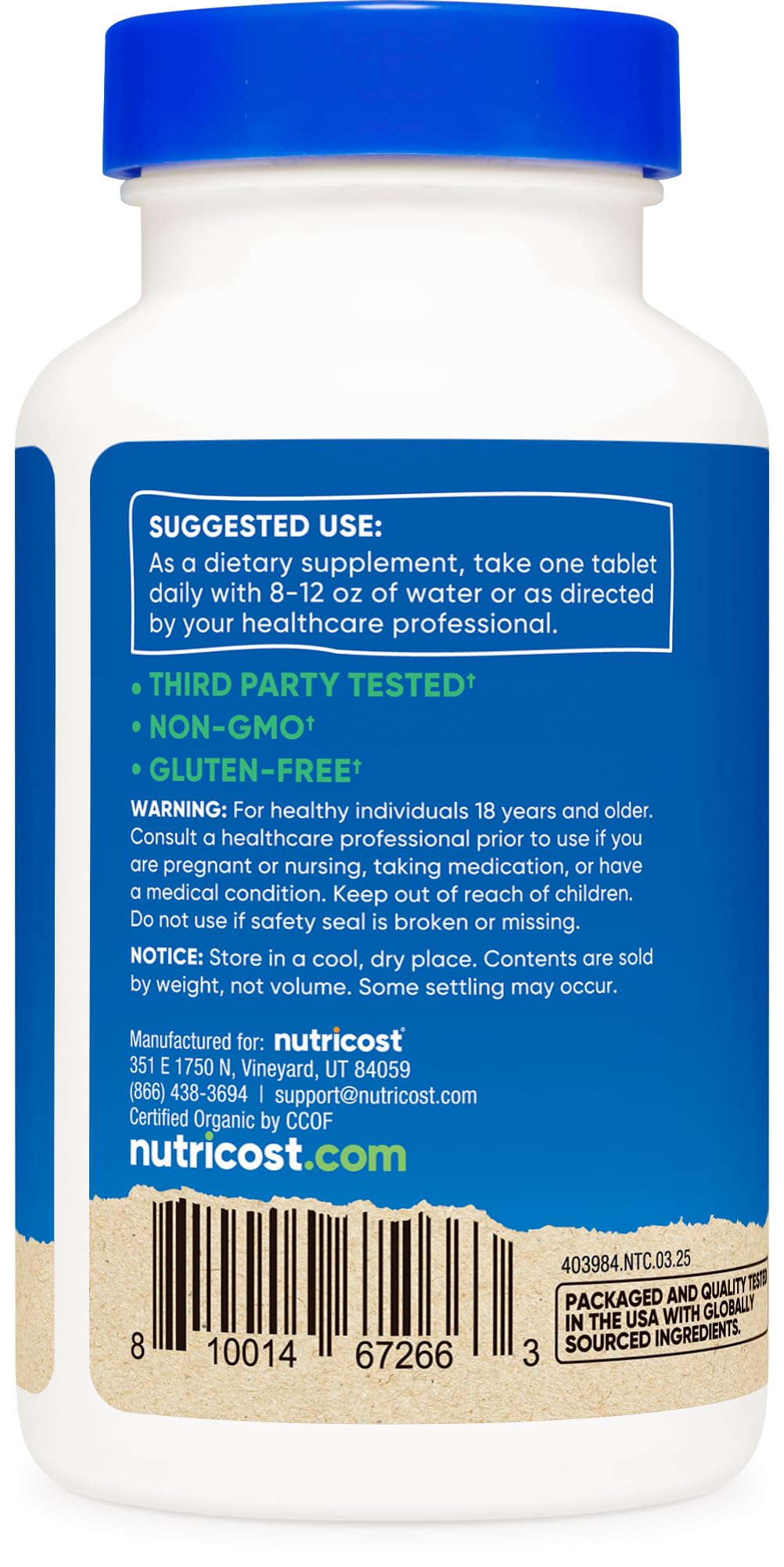 Nutricost non GMO gluten free spirulina tablets dietary supplement back panel