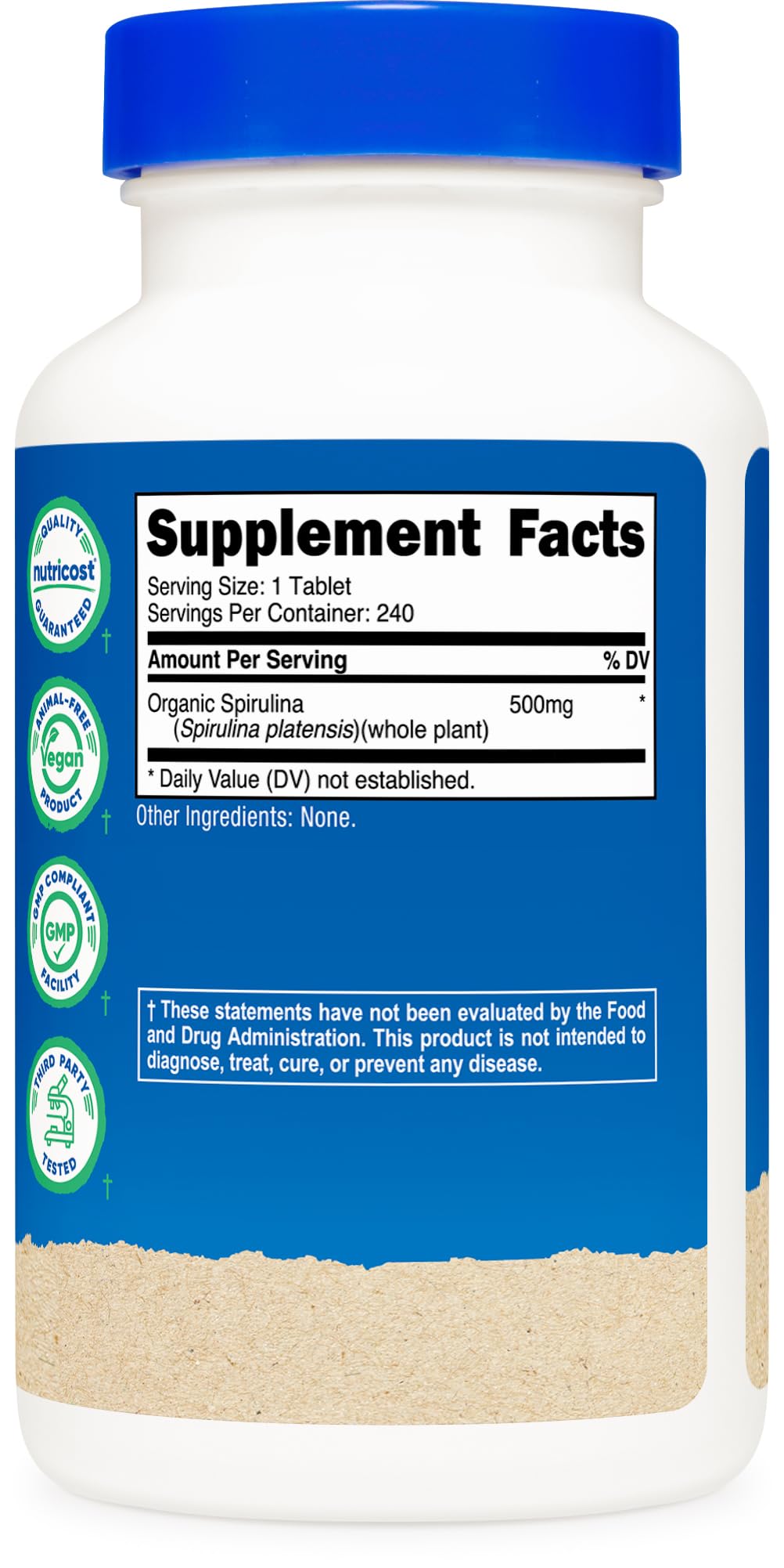 Nutricost Organic Spirulina 240 tablets white bottle with blue lid imported wellness supplement