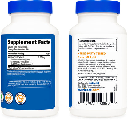 Nutricost Valerian Root gluten free herbal capsules packaging showing 60 servings