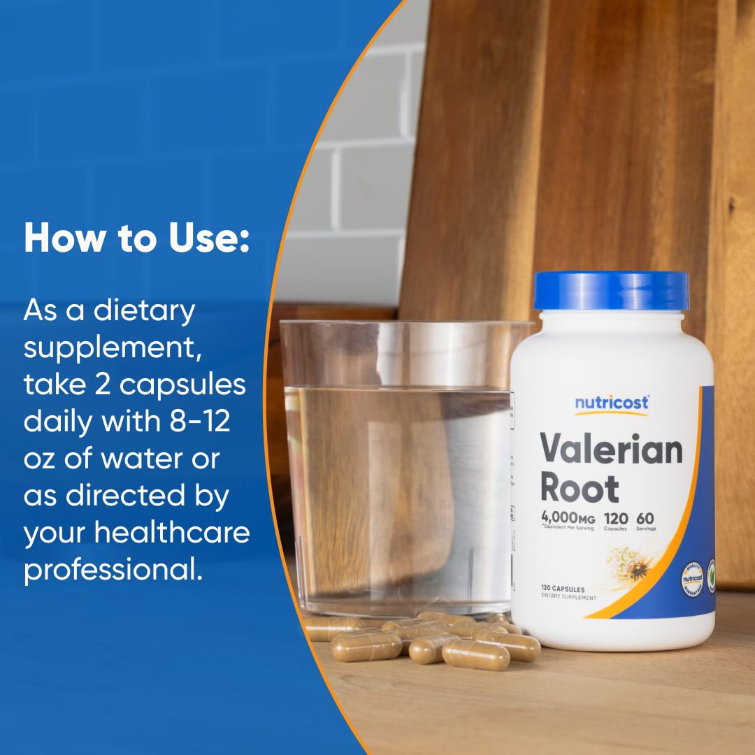 Nutricost Valerian Root natural sleep remedy capsules displayed on a clean background