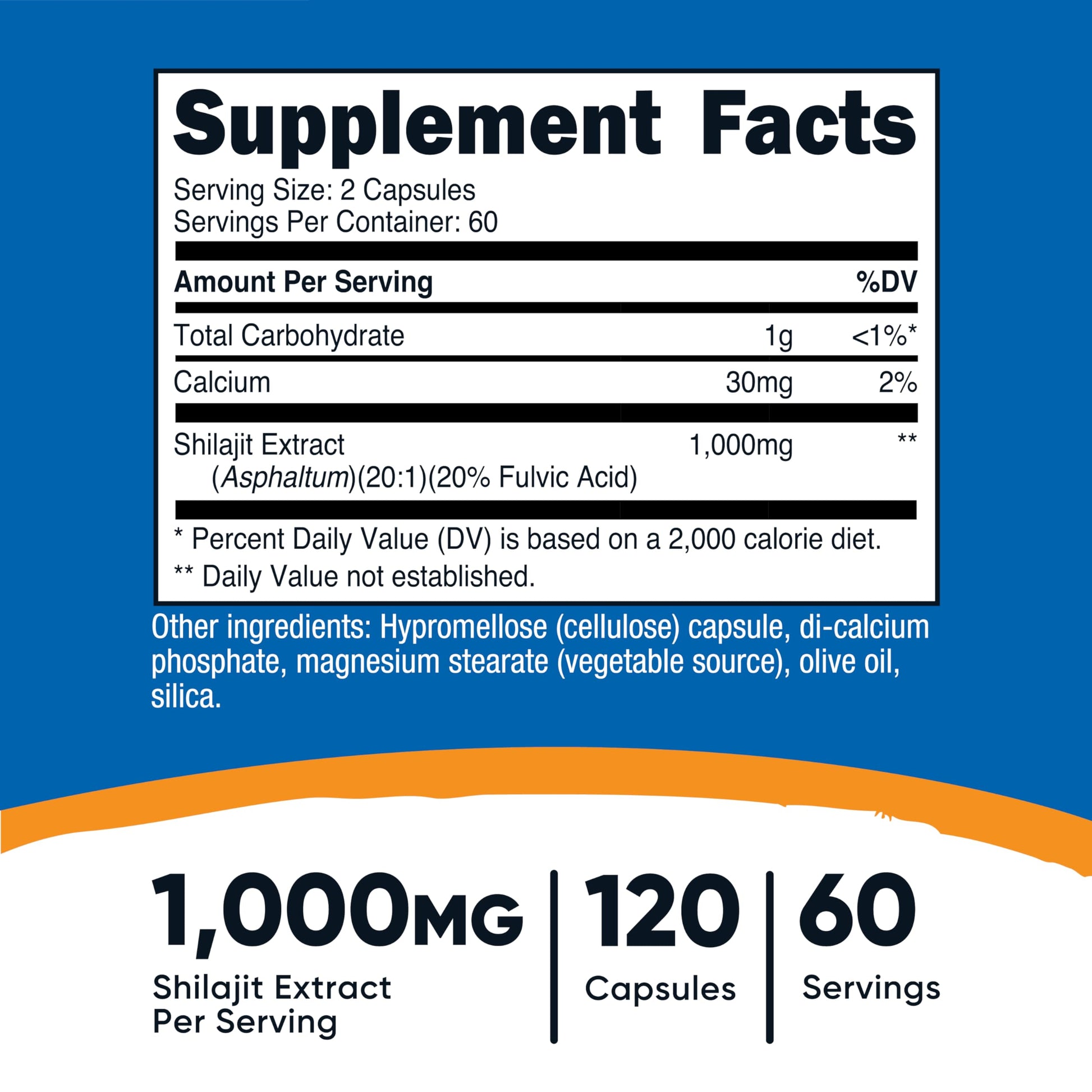 Nutricost Shilajit 1000mg supplement bottle showing vegan and non-GMO labels.