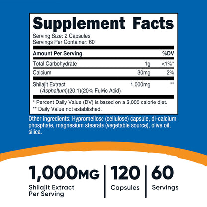 Nutricost Shilajit 1000mg supplement bottle showing vegan and non-GMO labels.