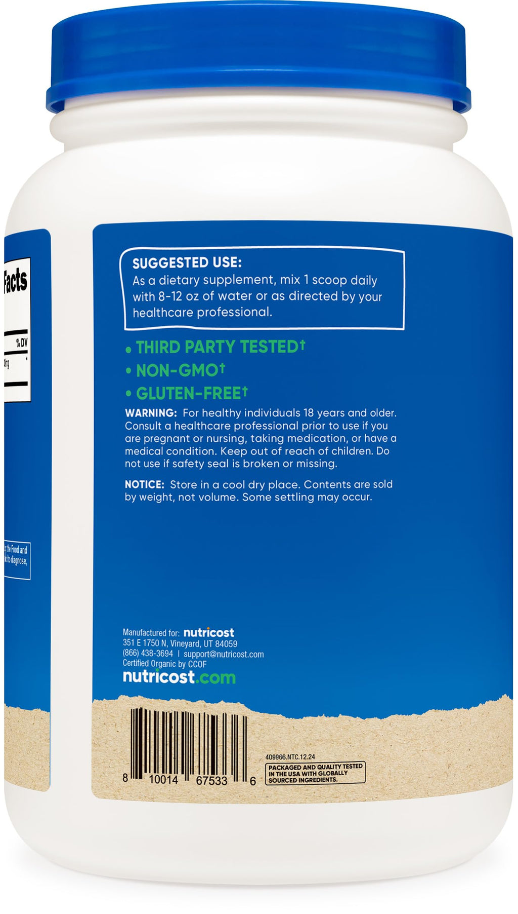 Nutricost dietary supplement rich in plant based protein white cap bottle