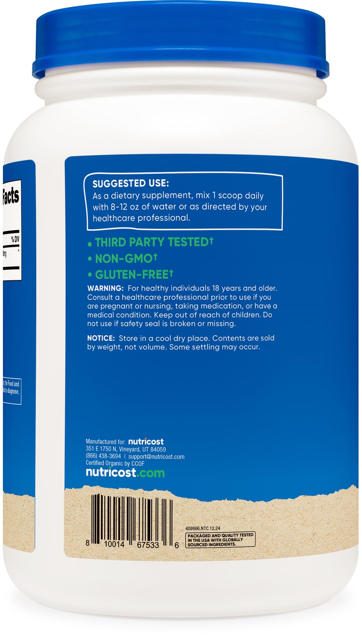 Nutricost dietary supplement rich in plant based protein white cap bottle