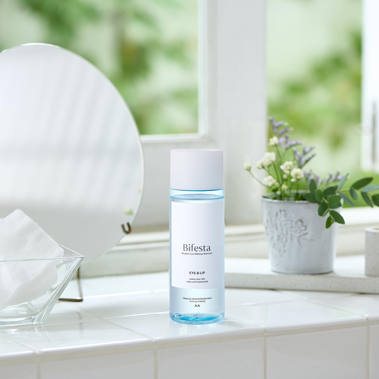 Bifesta makeup remover bottle beside skincare routine items
