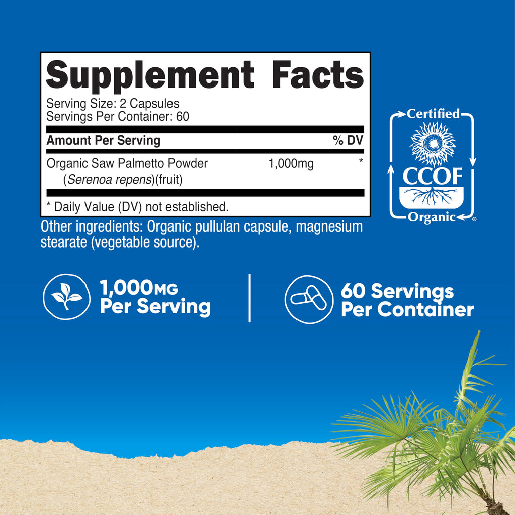Nutricost Organic Saw Palmetto supplement nutritional facts label and organic certification details