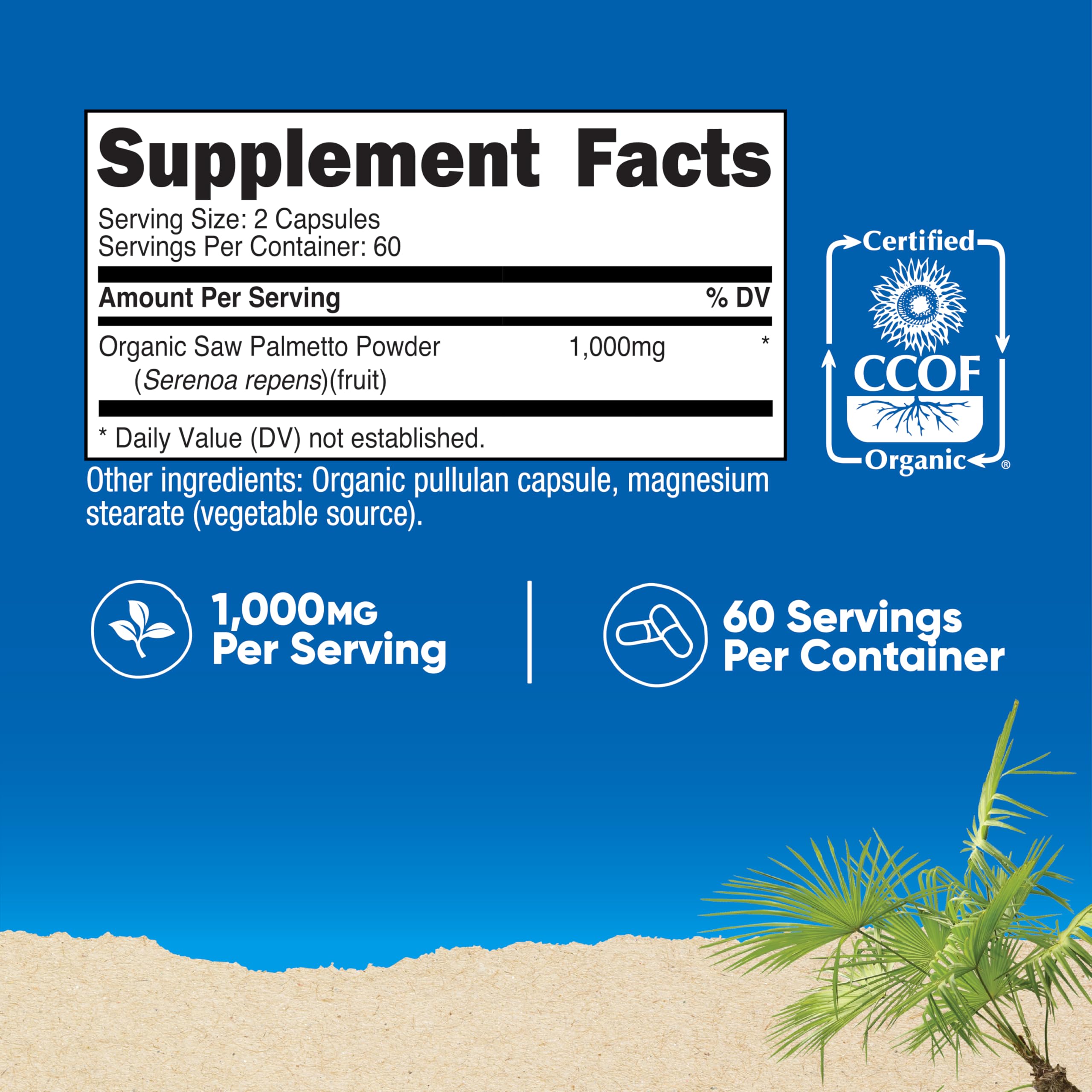 Nutricost Organic Saw Palmetto supplement nutritional facts label and organic certification details