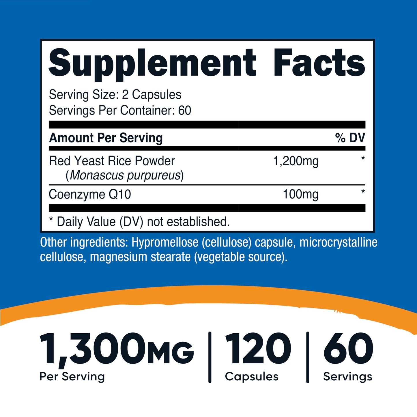 Nutricost Red Yeast Rice 1300mg supplement label detailing 60 vegetarian servings nutritional facts