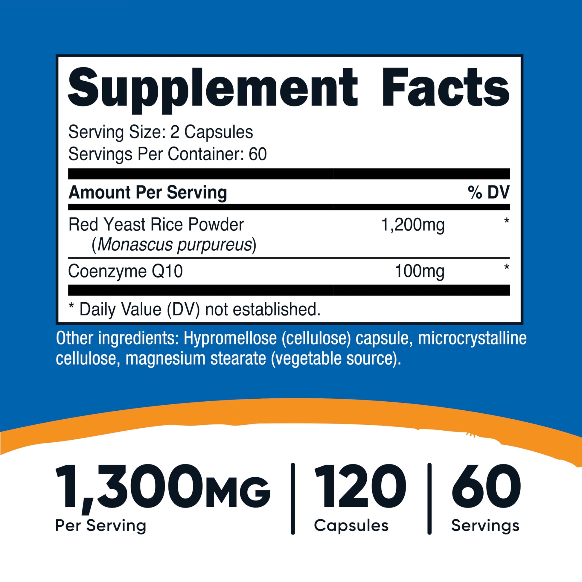 Nutricost Red Yeast Rice 1300mg supplement label detailing 60 vegetarian servings nutritional facts