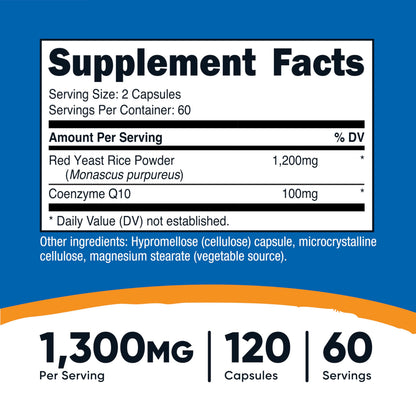 Nutricost Red Yeast Rice 1300mg supplement label detailing 60 vegetarian servings nutritional facts