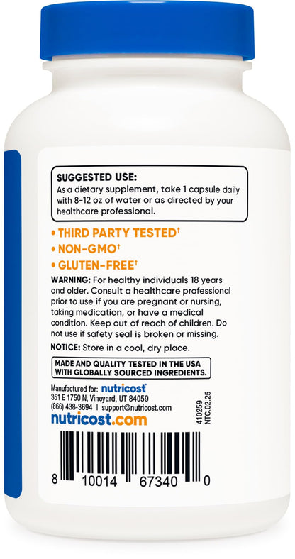 Nutricost Pygeum single capsule size presentation alongside the 120 capsules bottle layout