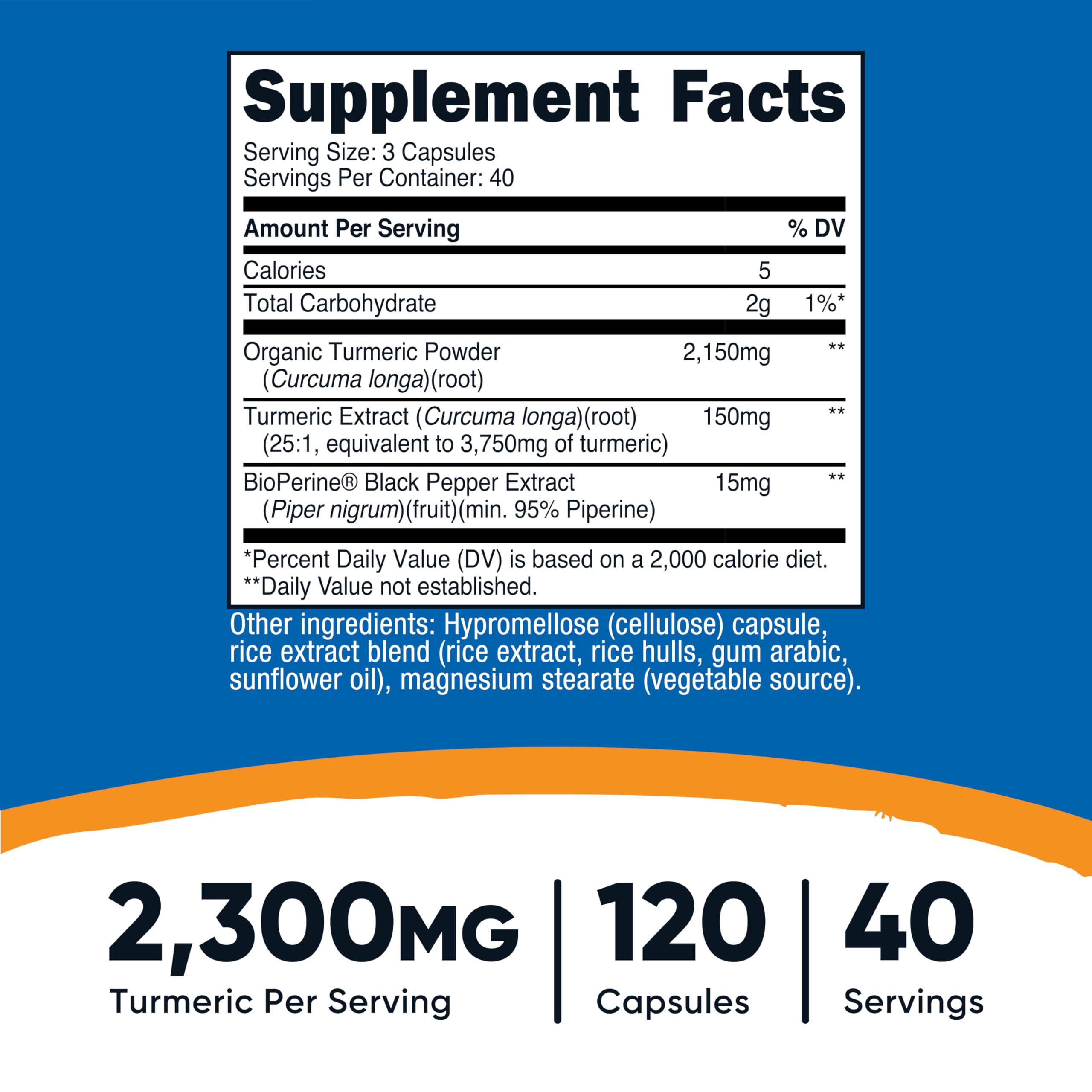 Nutricost Turmeric Curcumin supplement panel demonstrating 2300mg potency per serving.