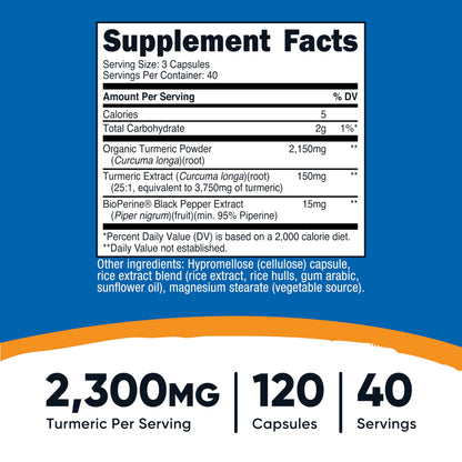 Nutricost Turmeric Curcumin supplement panel demonstrating 2300mg potency per serving.