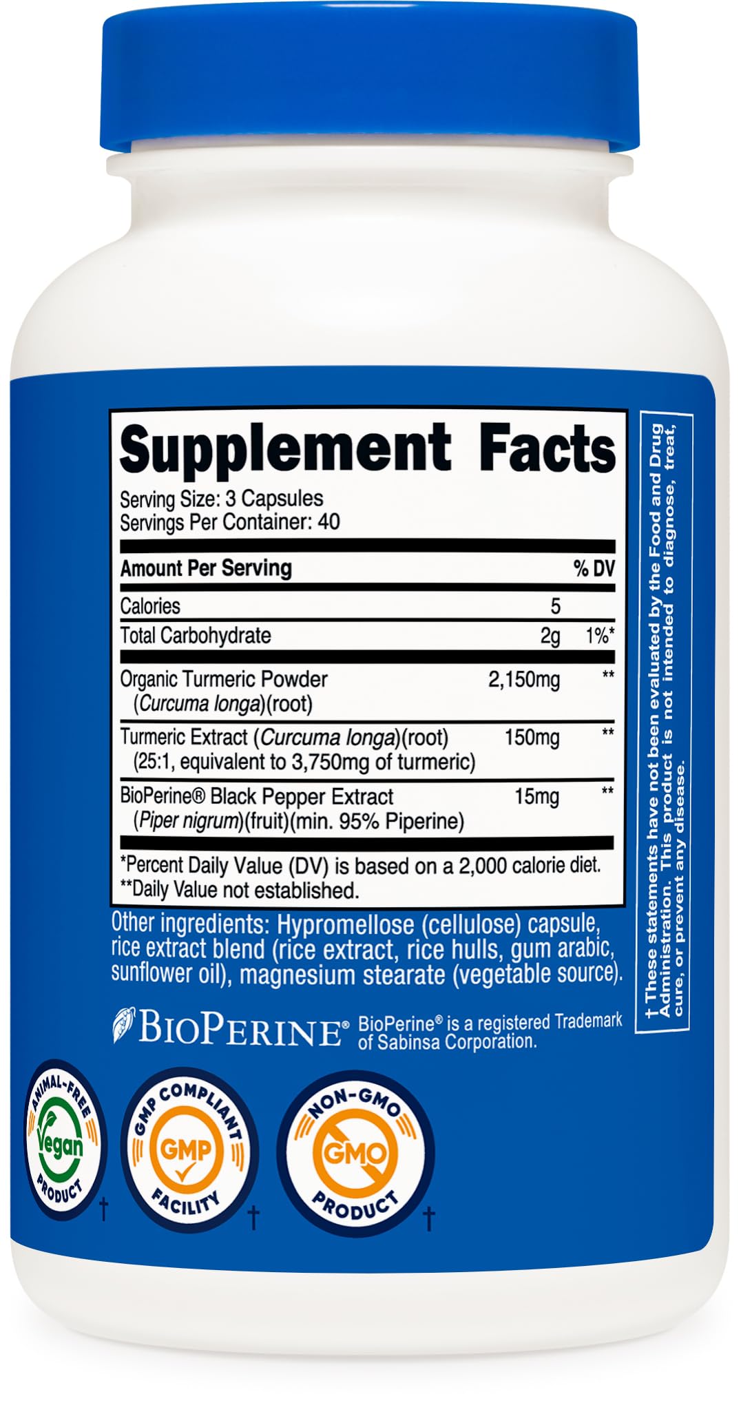 Close-up of Nutricost dietary supplement bottle showcasing the 95 percent curcuminoids content.